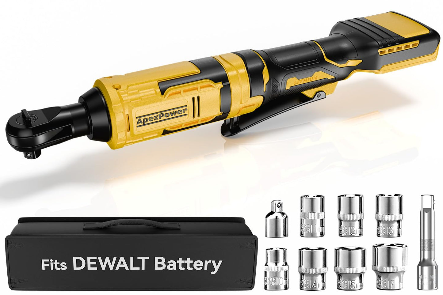 3/8 Inch Cordless Ratchet Wrench, for DEWALT 20V Max Battery, 88Ft-Lbs, 0-400RPM Variable Speed Trigger, Reinforced Head, R&F Switch, 7 Sockets, 3/8" to 1/4" Adapter, 3" Extension Bar