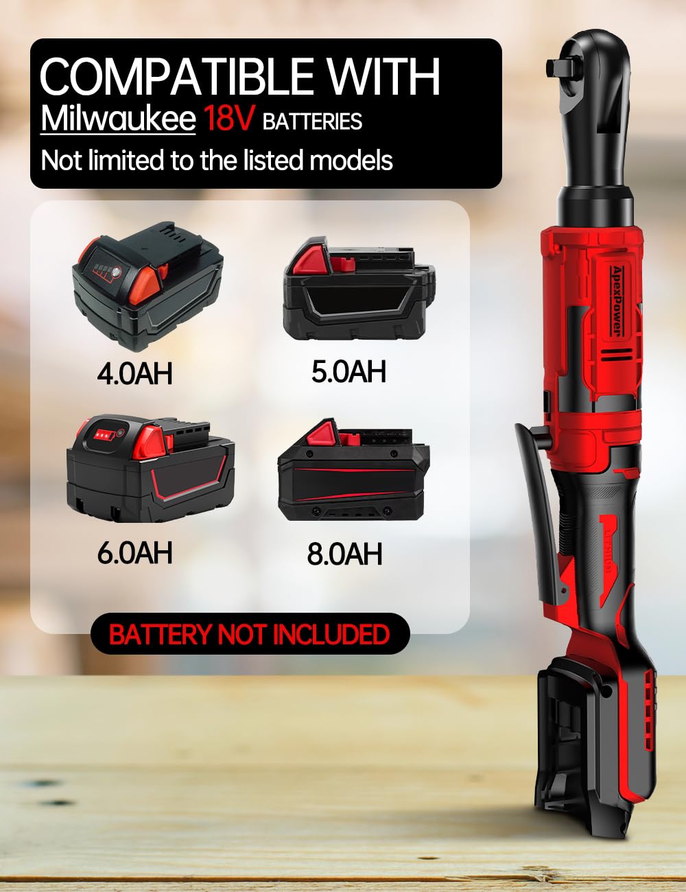 3/8 Inch Cordless Ratchet Wrench, for Milwaukee M18 Battery, 88Ft-Lbs, 0-400RPM, Electric Ratchet Wrench Set with Variable Speed Trigger, Reinforced Head, R&F Switch, 7 Sockets, 3/8" to 1/4" Adapter