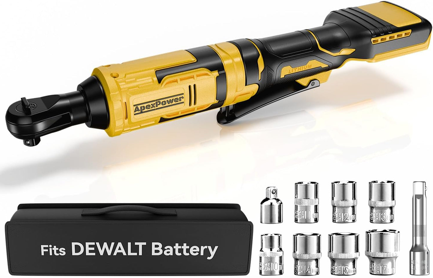 3/8 Inch Cordless Ratchet Wrench, for DEWALT 20V Max Battery, 88Ft-Lbs, 0-400RPM Variable Speed Trigger, Reinforced Head, R&F Switch, 7 Sockets, 3/8" to 1/4" Adapter, 3" Extension Bar