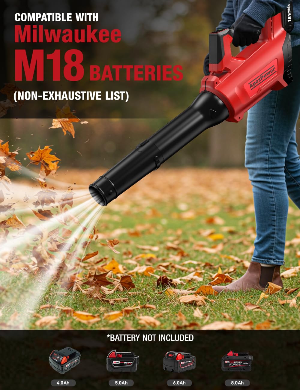 Leaf Blower Cordless for Milwaukee M18 Battery, 650CFM/160MPH 26000RPM Brushless Motor w/Turbo Mode & 4 Adjustable Speed, Lock-On Switch, Electric Leaf Blower for Lawn Care, Yard, Blowing Leaves