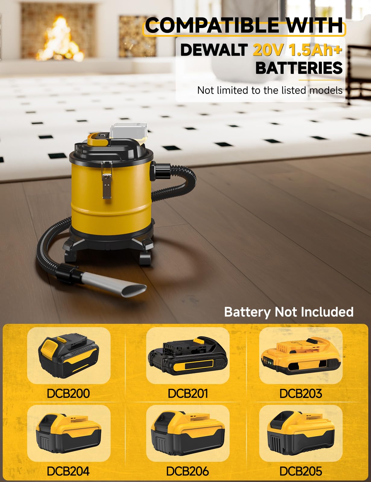 Cordless Ash Vacuum for Pellet Stoves, for DEWALT 20V Max Battery, Pellet Stove Vacuum Cleaner with 2 HEPA Filters, Powerful Suction, 4 Gallons & 4 Wheels, 38" Hose for Wood Fireplaces, BBQ Grills