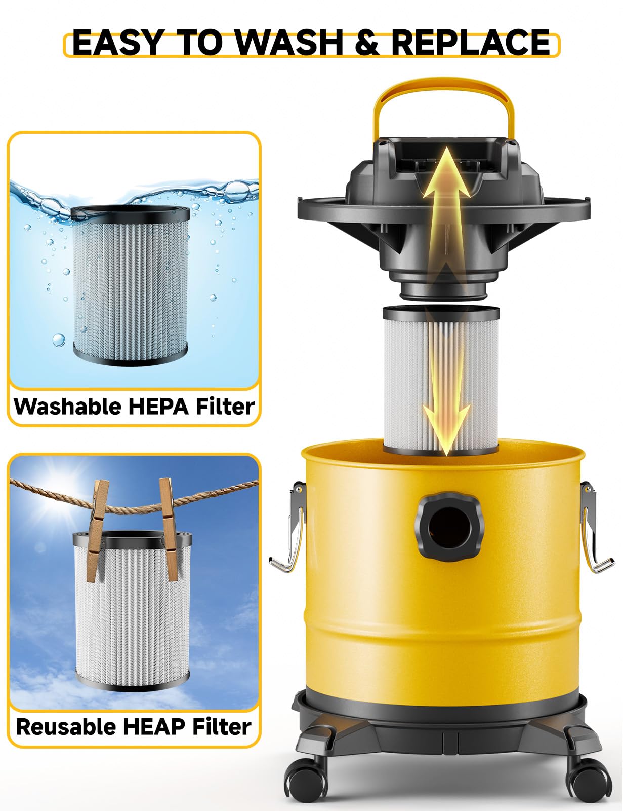 Cordless Ash Vacuum for Pellet Stoves, for DEWALT 20V Max Battery, Pellet Stove Vacuum Cleaner with 2 HEPA Filters, Powerful Suction, 4 Gallons & 4 Wheels, 38" Hose for Wood Fireplaces, BBQ Grills