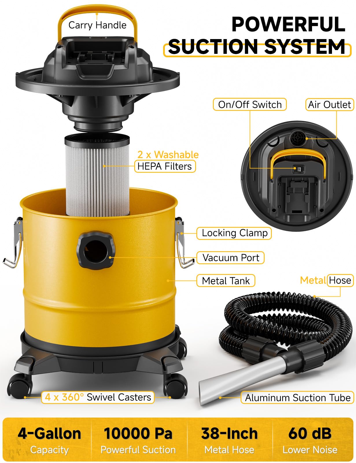Cordless Ash Vacuum for Pellet Stoves, for DEWALT 20V Max Battery, Pellet Stove Vacuum Cleaner with 2 HEPA Filters, Powerful Suction, 4 Gallons & 4 Wheels, 38" Hose for Wood Fireplaces, BBQ Grills