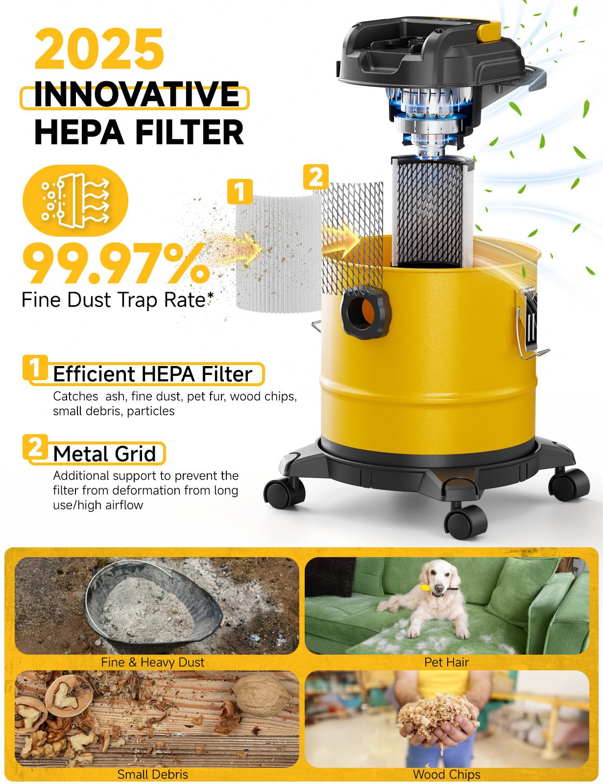 Cordless Ash Vacuum for Pellet Stoves, for DEWALT 20V Max Battery, Pellet Stove Vacuum Cleaner with 2 HEPA Filters, Powerful Suction, 4 Gallons & 4 Wheels, 38" Hose for Wood Fireplaces, BBQ Grills