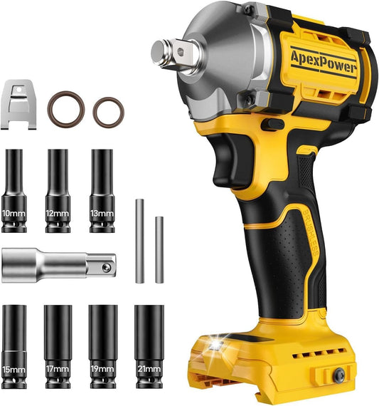 Cordless Impact Wrench for Dewalt Battery 20V, 600Ft-Lbs (814N.m) 1/2 Inch Brushless Impact Gun, 6 Modes, 3000RPM High Torque Impact Wrench, 7 Sockets, Variable Speed for Car Tire Removal/Rusted Bolts
