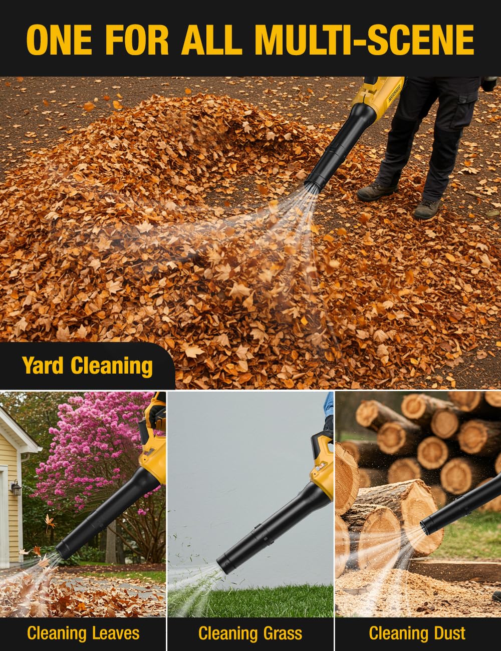 Leaf Blower Cordless for DEWALT 20V Max Battery, 650CFM/160MPH 26000RPM Brushless Motor w/Turbo Mode & 4 Adjustable Speed, Lock-On Switch, Electric Leaf Blower for Lawn Care, Patio and Snow Cleaning