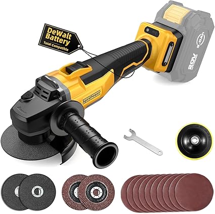 Brushless Angle Grinder, for 20V Battery, 4-1/2" Cordless Small Angle Grinder with Auxiliary Handle, 10 Sandpapers, 2 Cutting & 2 Grinding Wheels, Pin Wrench, Lock-on Slide Switch for Polishing